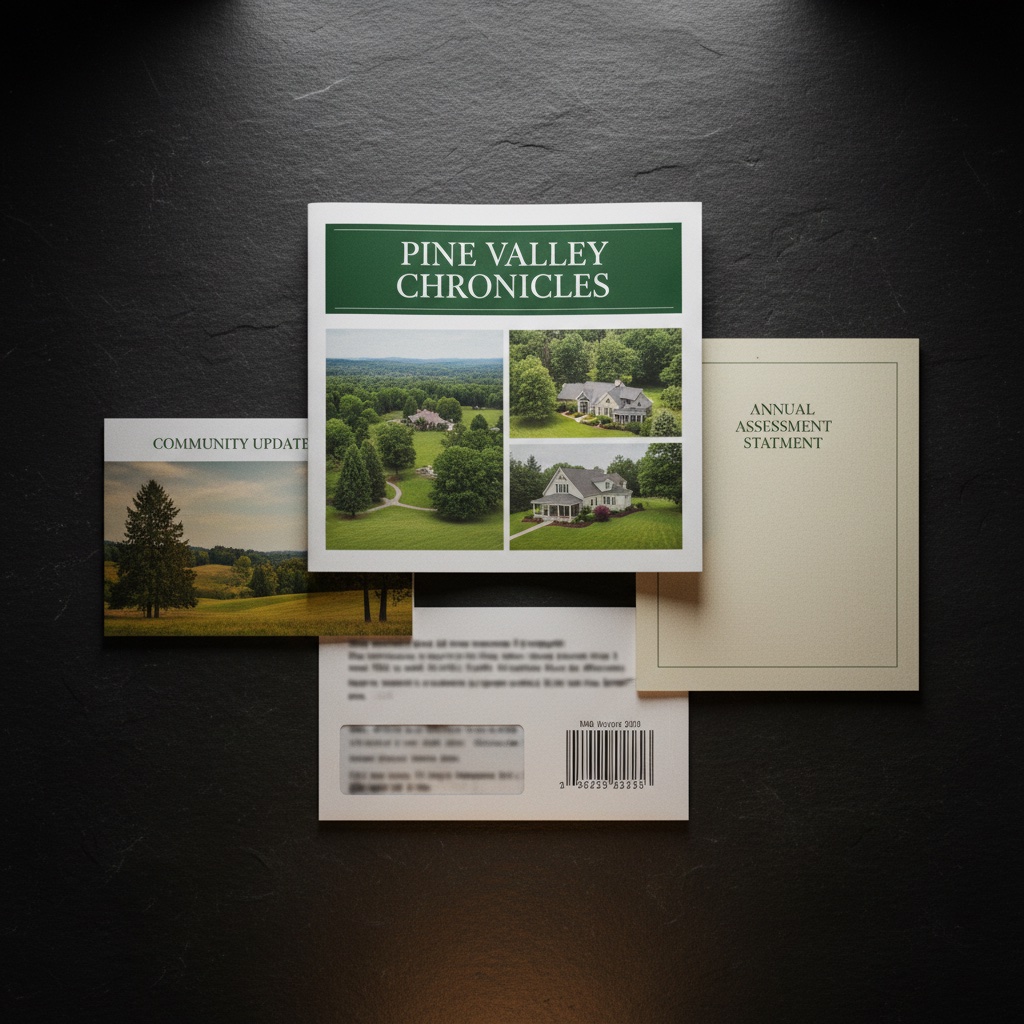 Professional HOA newsletters, election ballots, and mailing envelopes arranged on a clean workspace