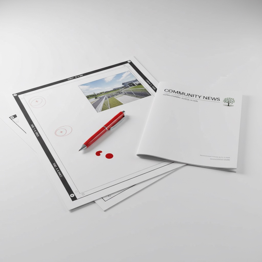 HOA newsletter design proofs and brochure layouts spread across a workspace