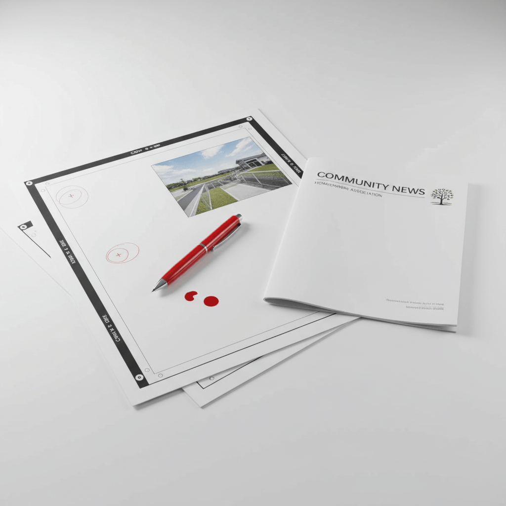 HOA newsletter design proofs and brochure layouts spread across a workspace