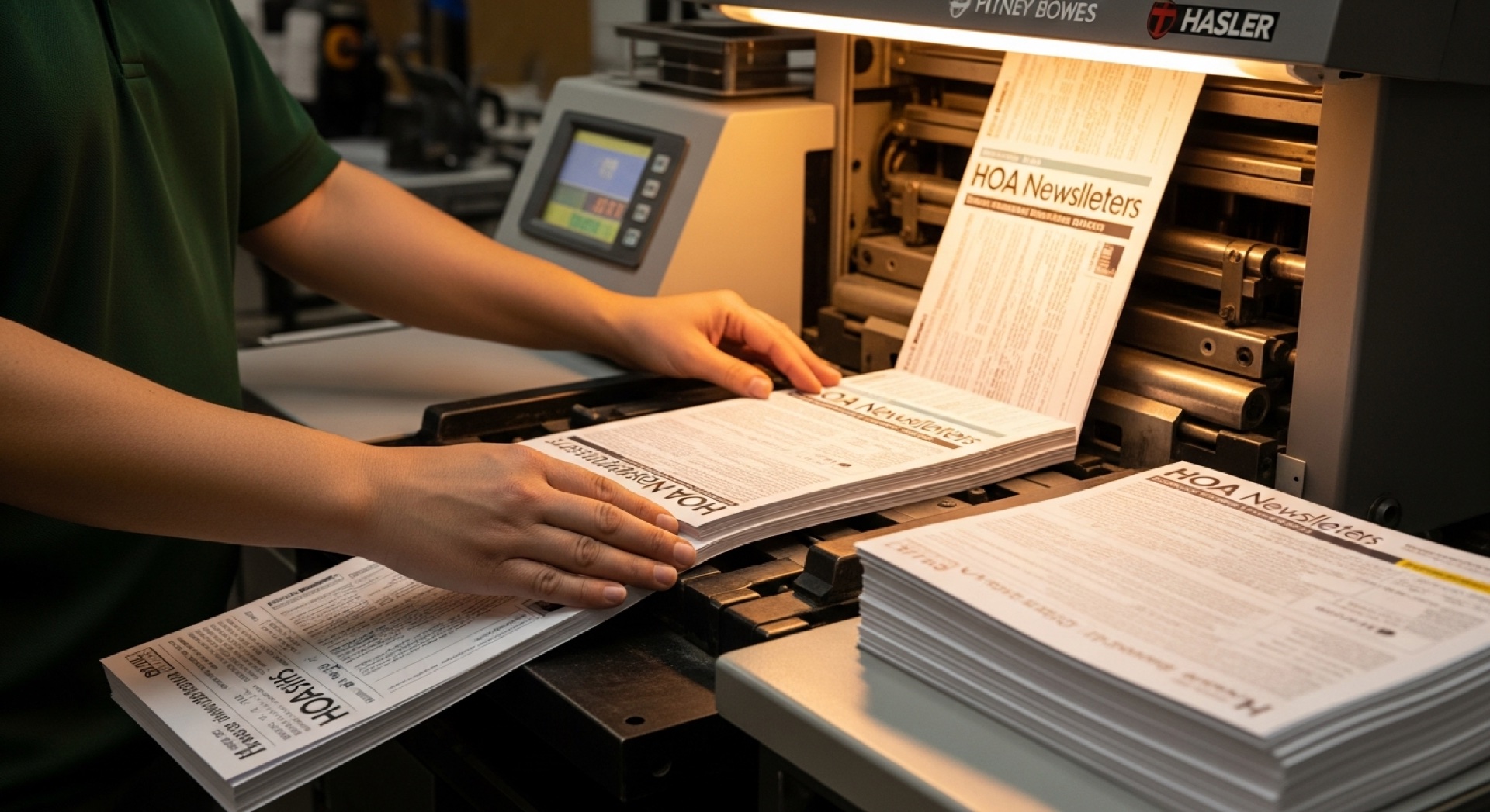 Automated inserting machine feeding folded documents into envelopes for HOA mailings