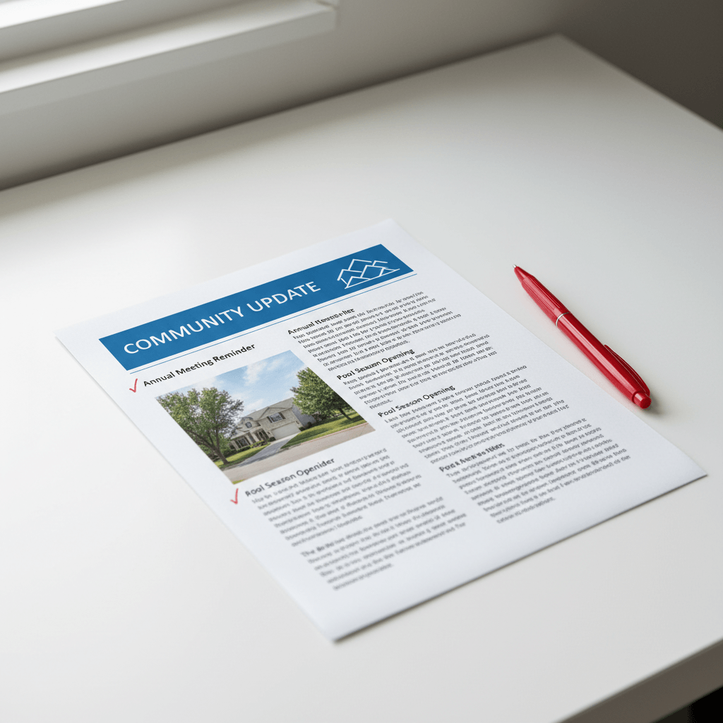 HOA newsletter proof with review checkmarks on a clean desk