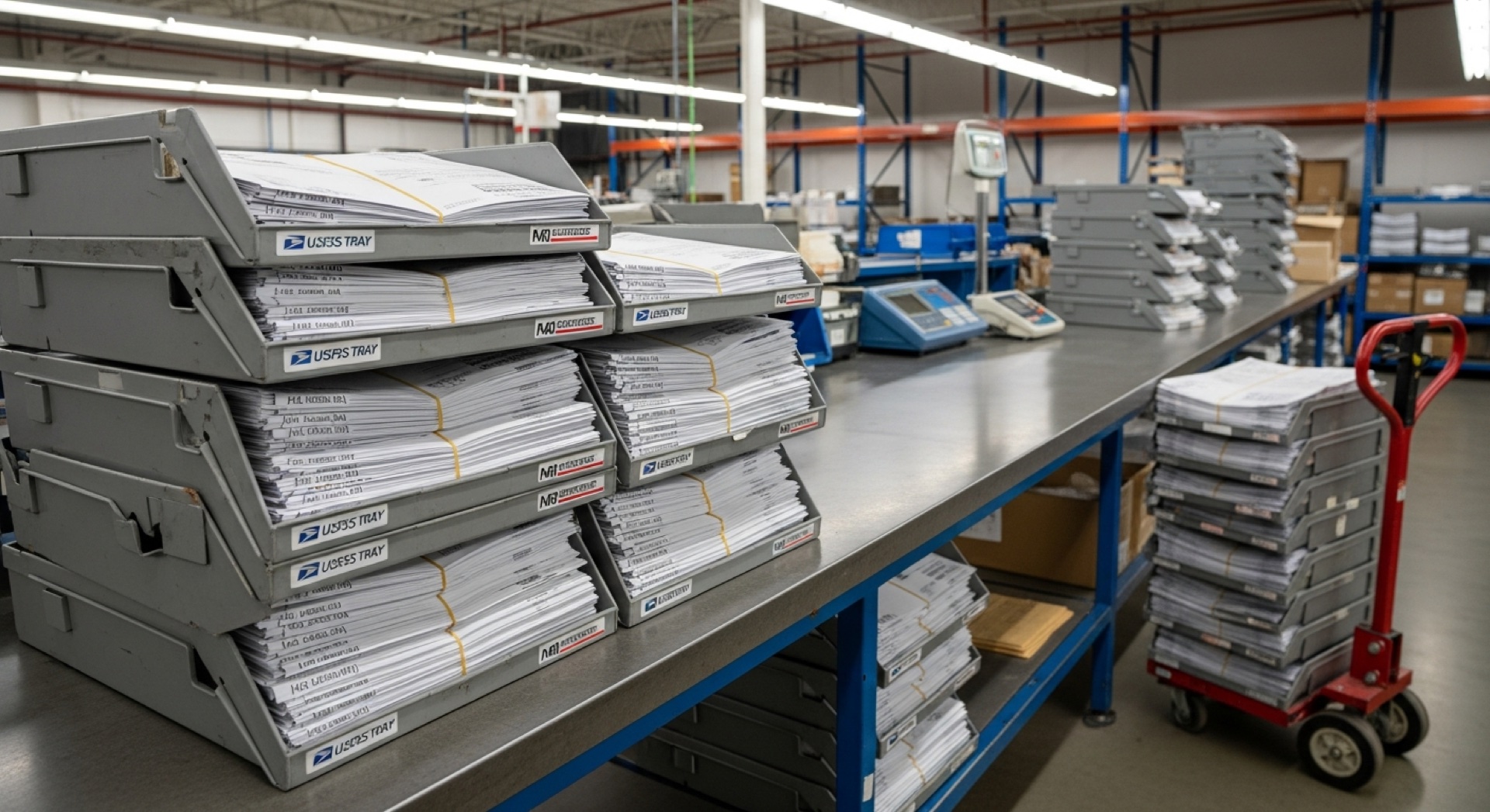 Mail pieces being sorted by ZIP code on the presort table before USPS induction