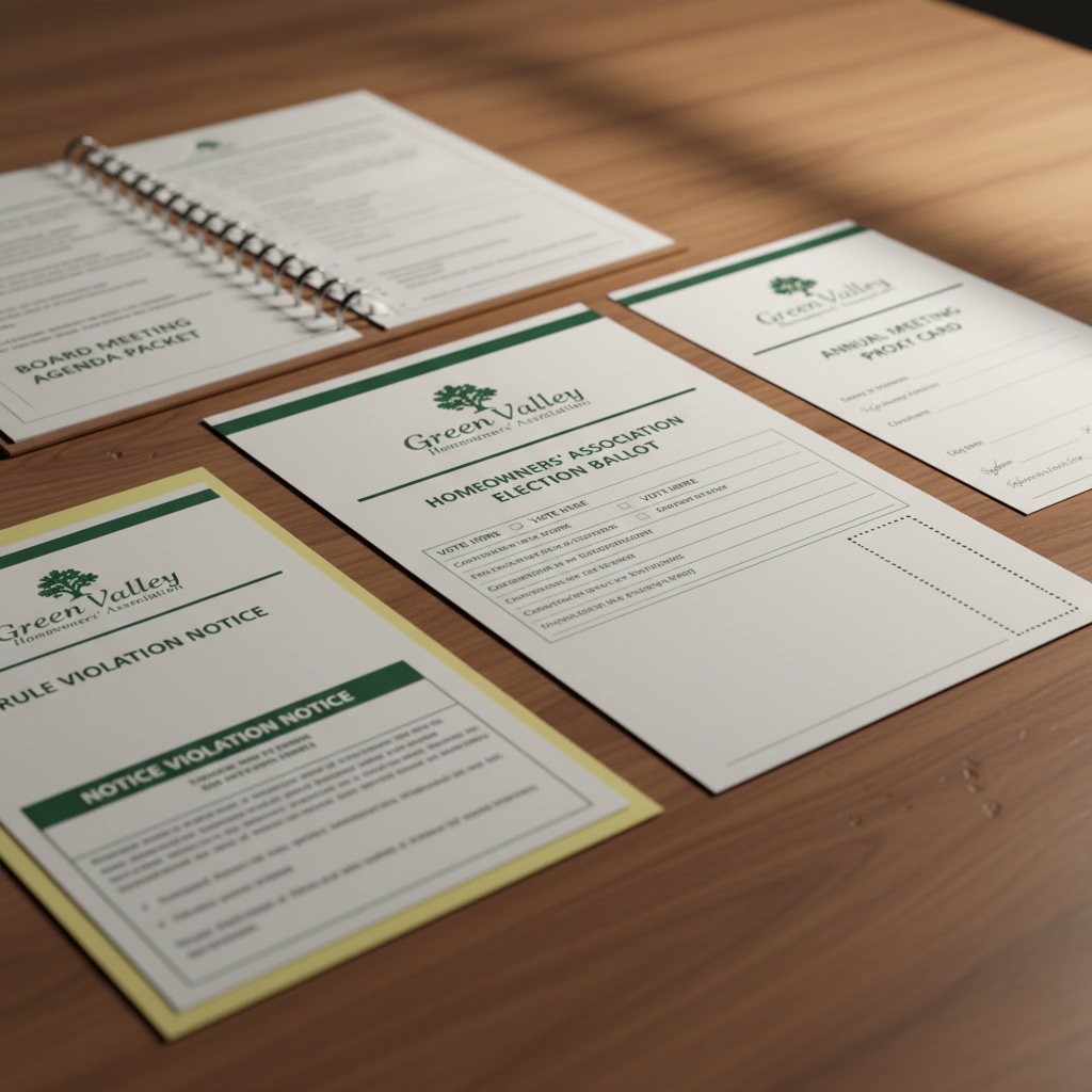 HOA mailing envelopes with USPS Intelligent Mail barcodes arranged in presorted bundles