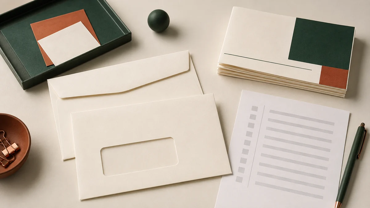 Illustrative mailing checklist, folded documents and window envelope