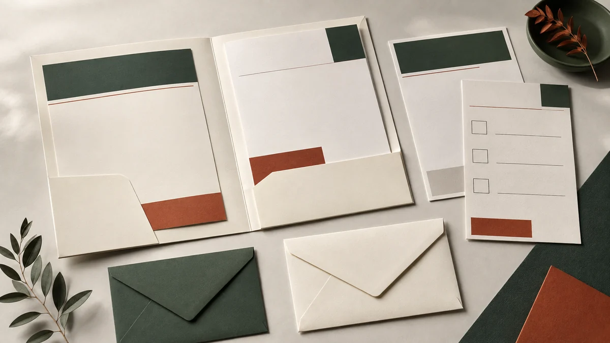 Illustrative notice packet with a form, folder and envelopes