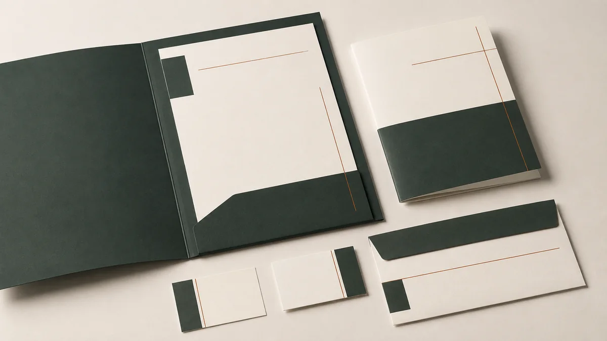 Illustrative report folder, document and stationery layouts