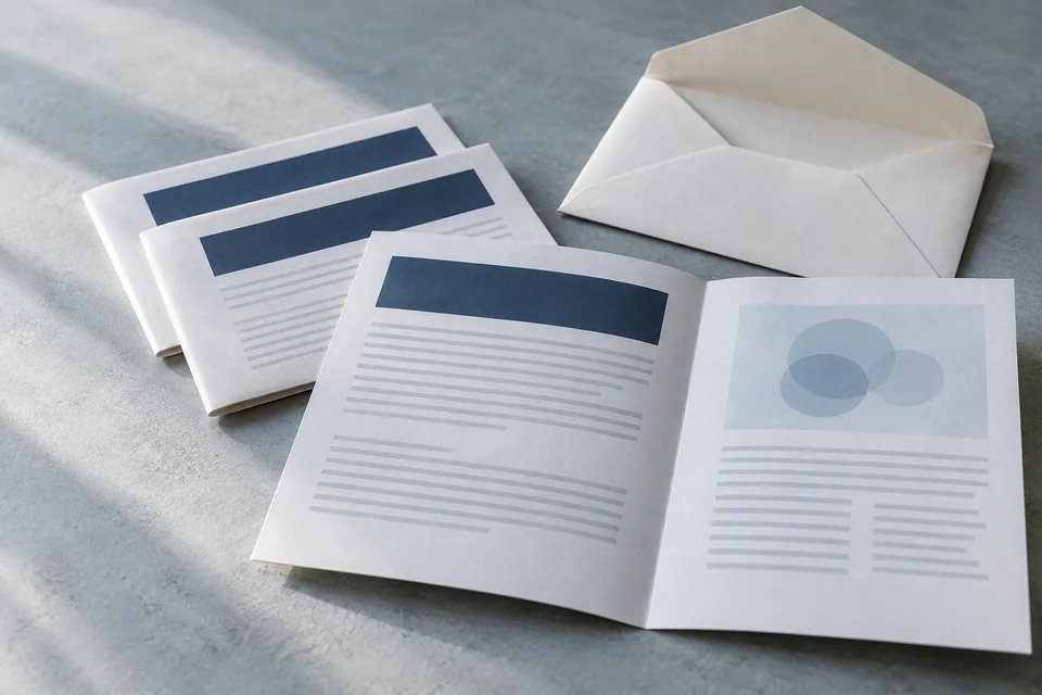 Folded newsletters and an open envelope on a gray surface