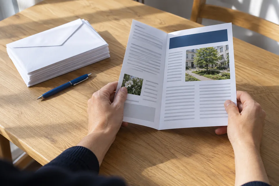 Hands holding an open newsletter beside a stack of envelopes